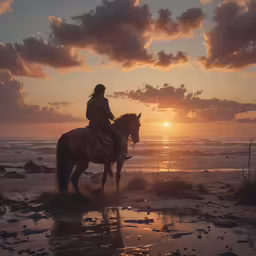 a person riding on the back of a brown horse
