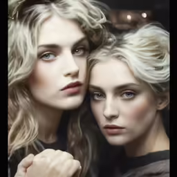 two women standing next to each other in front of a glass