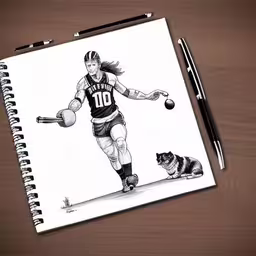 this is a sketch of an athlete and a dog,the sketch is drawn on top of a spiral notepad,a spiral notebook with drawings of a basketball player and a dog,a drawing of an olympic runner and his dog,a drawing of a person on the skateboard and a dog