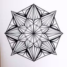 an artistic sketch of a geometric object that appears to be in the form of a star,an intricate black and white design on paper,an intricate drawing with black and white lines,the drawing shows a very detailed structure that appears to be in black and white,a black and white drawing of an abstract shape