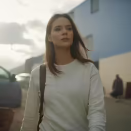 a woman in white shirt holding a brown backpack