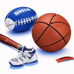 a collection of various sports equipment including a ball, bat, shoe and tennis ball