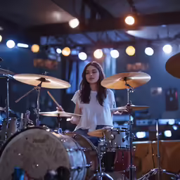 a woman standing behind two sets of drums in front of a stage