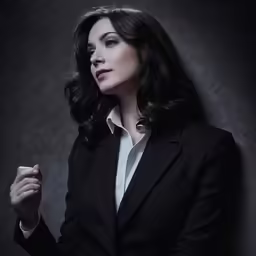 a woman wearing a black jacket leaning against a wall