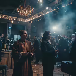 people are standing around at a concert in a dark room