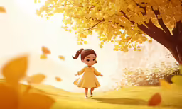 a small girl in a yellow dress standing under a tree