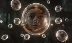 a young boy looking at a bunch of bubbles