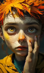 a girl with feathers on her head and an orange leaf in her hair