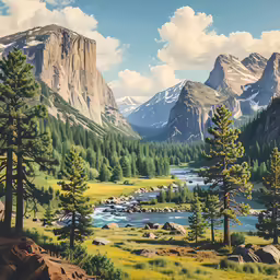 an art work of a mountain scenery with forest and water