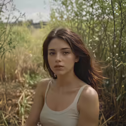 young woman in a white tank top standing in grass