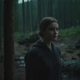 the woman stands in front of the woods looking up at something