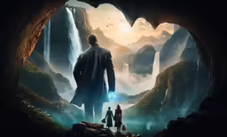 a couple in a cave looking out at waterfall