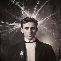 a man in a suit standing in front of a flash of light