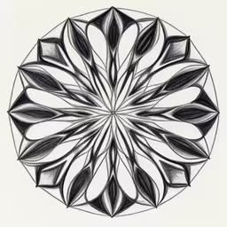 an abstract circular drawing with black and white lines on paper