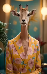 a deer wearing a floral print suit in a salon