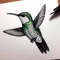 there is a drawing of a green hummingbird,a drawing of a hummingbird is on paper next to a pen