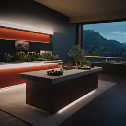 the counter top is illuminated by lights under a view of the mountains