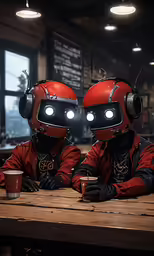 two red suits sitting on a table with a cup