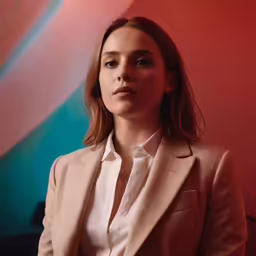 a woman standing in front of a red and green wall