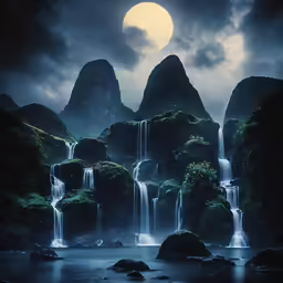 a dark and stormy landscape with mountain stream