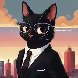 a cat with glasses in a suit on top of a building
