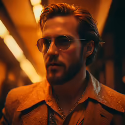 a man with glasses standing in front of a tiled hallway