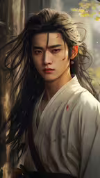 a man with long hair wearing a traditional costume,an asian man in a white shirt and long hair