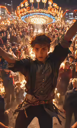 a little boy standing in front of a large crowd
