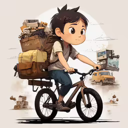 a boy riding a bicycle with several suitcases on the back,an image of a boy on his bike with a lot of luggage