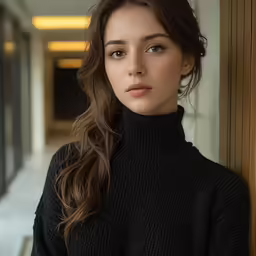 an attractive young woman is standing in a hallway