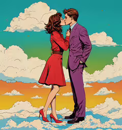 a man and woman kiss on top of clouds,two people standing on clouds while one woman kisses the other