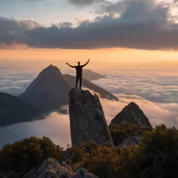 a person stands on top of a tall rock