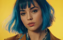 a young woman with blue hair wearing a leather jacket