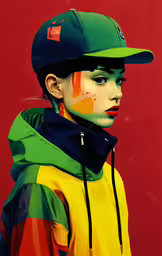 the kid in the hat is wearing a multicolored jacket,a boy in a baseball cap standing and facing the camera