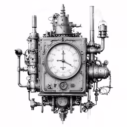 a drawing of a large clock surrounded by pipes