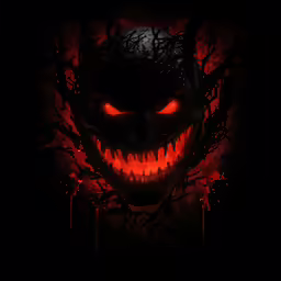 the devil face of an evil monster is illuminated by red eyes