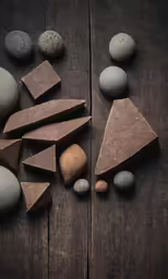 stones, clay and a large piece of wood on a table