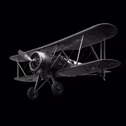 a black and white image of a biplane flying