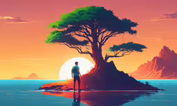 man looking out at a tree near the water,a person standing on top of a small island next to the ocean