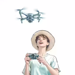a young lady is taking a picture of a camera and an image of a helicopter