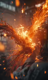 a person holding a piece of wood and flames
