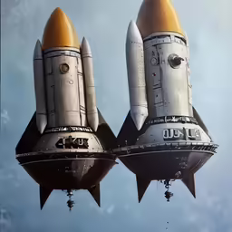 two flying old fashioned airplanes that are shaped like space shuttles