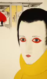 a painting of a woman with red eyes and black hair