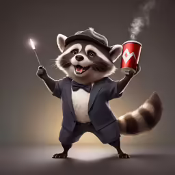 a raccoon dressed as a magician with a drink in his hand