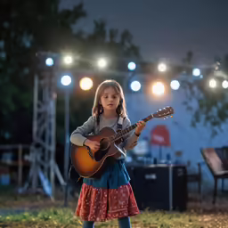 a little girl playing an acoustic guitar at a concert