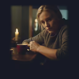 a woman sitting at a table with a coffee mug