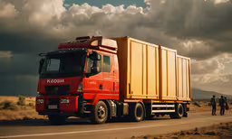 a man standing beside a red truck on the road,a red truck is traveling down the highway
