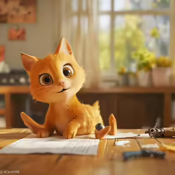 a small yellow cat sits on the floor next to paperwork