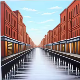 a painting of a long line of buildings,the painting is a hallway with several lanes of red buildings,a painting that looks like it is in the middle of an alley,an abstract painting of a city street with fountains,a picture of a city is on a wall