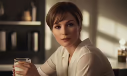 a woman sitting at a table holding a cup of coffee